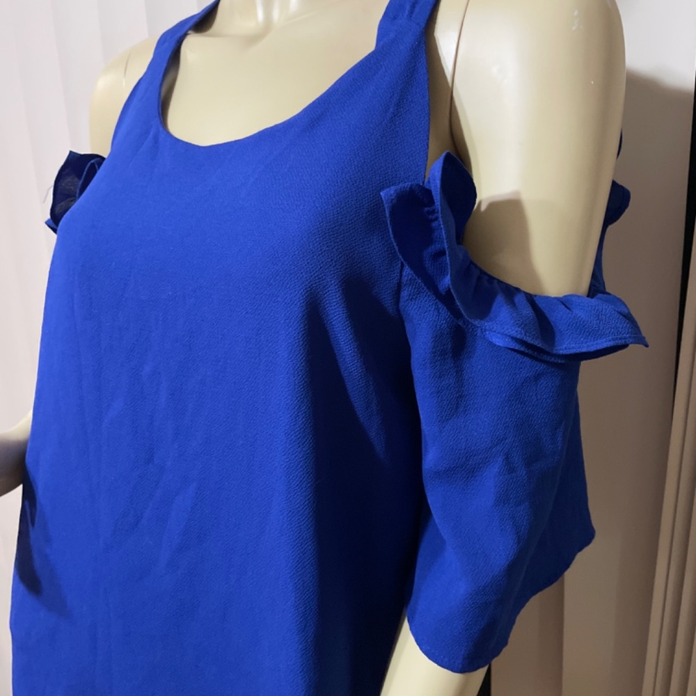 Women Small Royal Blue Cold Shoulder Ruffle Blouse- Absolutely Gorgeous- excelle - Picture 2 of 6